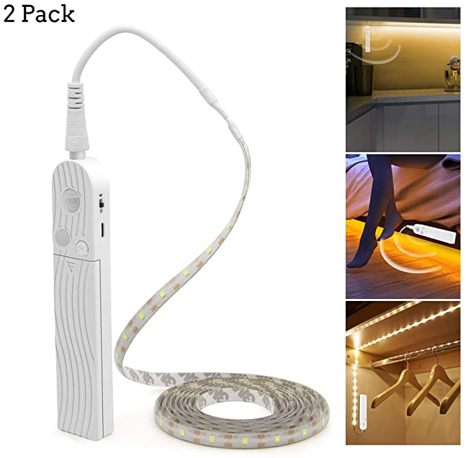 LED Under Cabinet Lighting Motion Sensor, CFGROW 3.28Ft Four Modes Bed Stairs Wardrobe Lamp Tape, Waterproof 5V USB LED Closet Night Strip Light (Cold White, 2Pack, 1M/3.28FT)