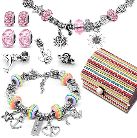 Jewellery Making Kit for Girls, Bracelet Making Kits with Charms Pendants Rainbow Silver Plated Beads Chains for Jewellery Making, Arts and Crafts Sets for Kids Friendship Age 8-12