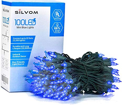 Silvom Blue Christmas Lights, 100 LED Tree mini Lights, 33ft Xmas Lights, 120V UL Certified Indoor & Outdoor String Lights for Halloween, Christmas Tree, Party, Wedding, Patio, Garden, Home Decoration