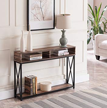 Reclaimed Weathered Oak Finish Top / Black Metal X-Design Frame 2-tier Sofa Console Table with Two Storage Compartments