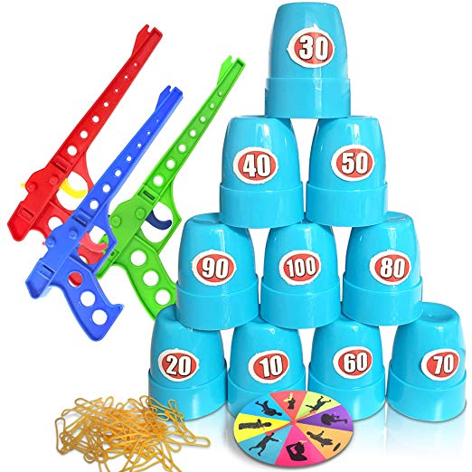 Gamie Shooting Competition Game for Kids - Includes 3 Toy Guns, 100 Rubber Bands, 10 Cups, Game Turntable, Score Stickers and Instructions - Fun Target Practice Game for Boys and Girls