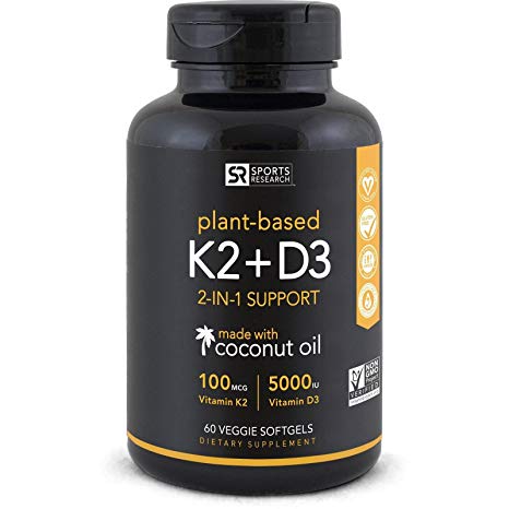 NEW! Premium Vitamin K2+D3 with Organic Coconut Oil for better absorption | Vegan Certified, non-GMO Verified, 100% Plant Based supplement with 5000iu of Vitashine D3 &.100mcg MenaQ7 ~ 60 Veggie Gels