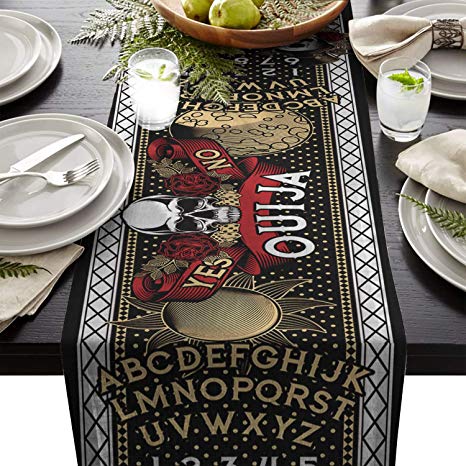 YOKOU Table Eunner 18x72 inch Fit Rectange Table Tabletop Decoration,Halloween Cool Rose Skull with Ouija Board Table Cover for Wedding,Birthday Parties,Banquets,Farmhouse