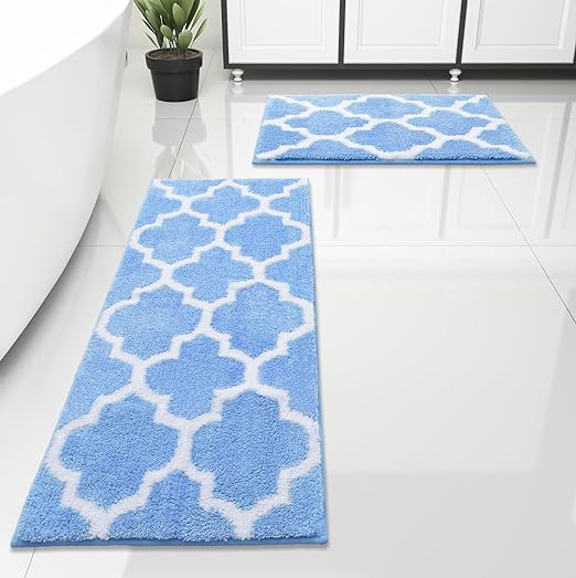 OLANLY Bathroom Rugs Set 2 Piece Microfiber Bath Shower Mat, Machine Wash Dry, Non Slip Absorbent Shaggy Bath Rug for Tub, Shower and Bath Room (47" x 17" 24" x 17", Light Blue)