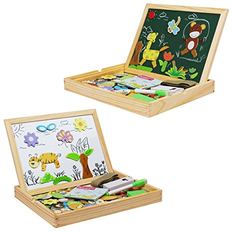 Becko Toddler Magnetic Jigsaw Puzzle Board Wooden Educational Toys for Children, Multifunctional Travel Drawing Board Double Sided with Erase and Black Board, Animal and Plant Puzzles for Boy and Girl