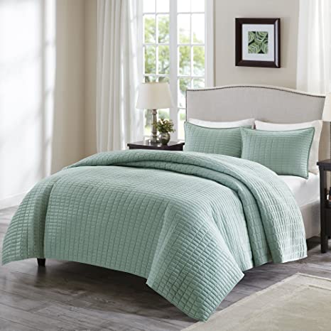 Comfort Spaces Kienna 2 Piece Quilt Coverlet Bedspread Ultra Soft Hypoallergenic Microfiber Stitched Bedding Set Twin/Twin XL Size Seafoam