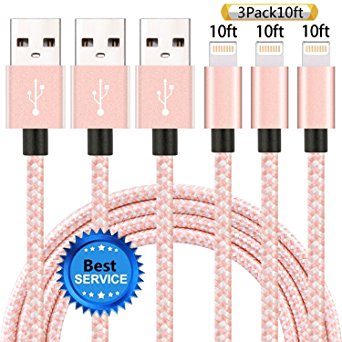 iPhone Cable SGIN, 3Pack 10FT Nylon Braided Cord Lightning Cable Certified to USB Charging Charger for iPhone 7,7 Plus,6S,6s Plus,6,6plus,SE,5S,5,iPad,iPod Nano 7 - RoseGold