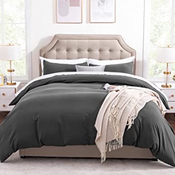 100% Washed Cotton Duvet Cover Set with Zipper Closure, 3 Piece Luxury Soft Bedding Set (1 Duvet Cover + 2 Pillow Shams) Dark Gray King Size
