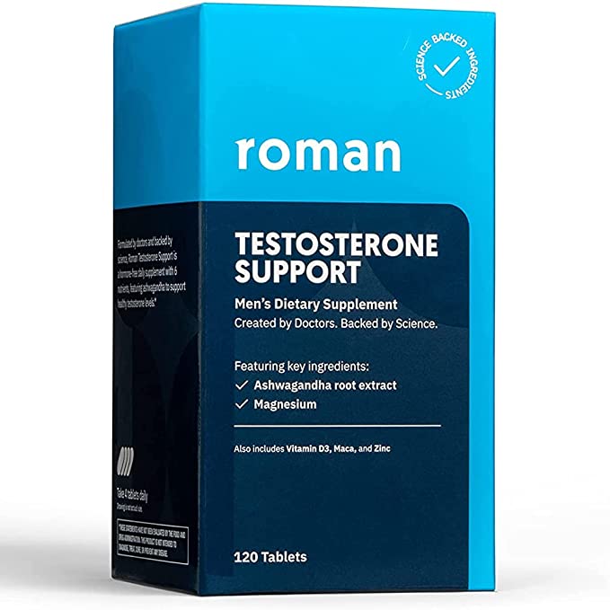Roman Testosterone Support | Hormone-Free Men's Daily Nutritional Supplement with Ashwagandha to Support Healthy Testosterone Levels & Magnesium to Support Muscle Health | 30-Day Supply (120 Tablets)