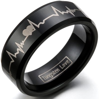 8mm Black Comfort Fit Tungsten Carbide Ring with Laser Forever Love Design EKG Heart Beat Men's Aniversary/engagement/wedding Band (Size 6-16 Available)