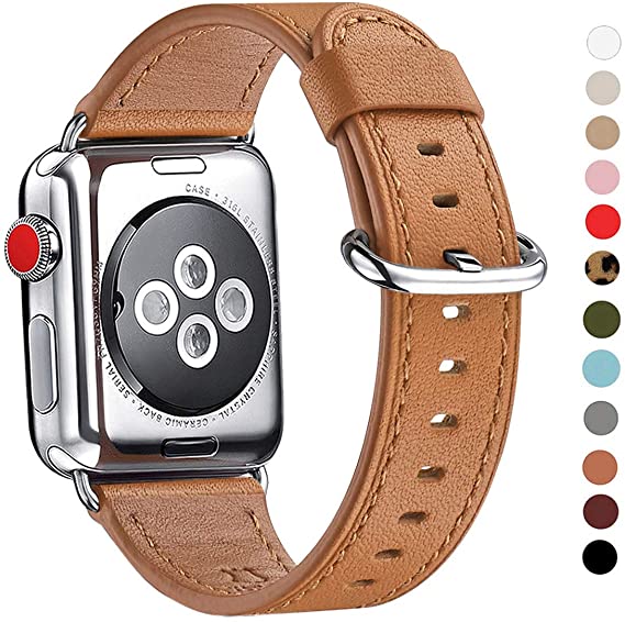 WFEAGL Compatible iWatch Band 38mm 40mm 42mm 44mm, Top Grain Leather Bands of Many Colors for iWatch Series 5,Series 4,Series 3,Series 2,Series 1 (Light Brown Band Silver Adapter, 38mm 40mm)