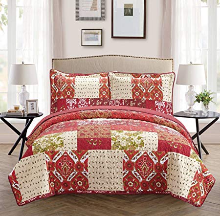 Mk Collection 3pc King/California King Oversize Reversible Quilted Bedspread Set Patchwork Floral Red Burgundy Green Beige Brown White New