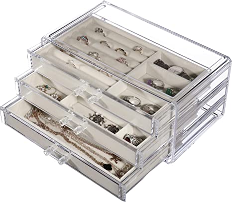 Cq acrylic Jewelry Box for Women with 3 Drawers, Velvet Jewelry Organizer for Earring Bangle Bracelet Necklace and Rings Storage Clear Acrylic Jewelry case,Beige