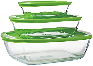 Pyrex® Cook & Store Set of 3 Rectangular Glass Food Storage Dishes with Lids (0.4L, 1.1L & 2.5L) - BPA Free