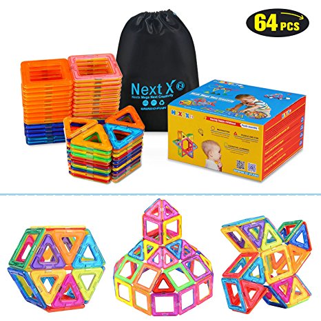 Geekper Magnetic Blocks Building Set for kids - Magnetic Tiles Early Learning Educational Building Construction STEM Toys for Boys and Girls with Storage Bag - 64 Pcs