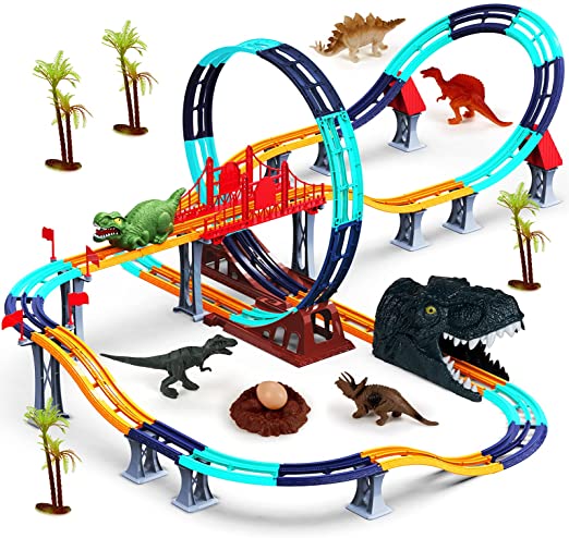 Kids Dinosaur Toys Race Track with Rechargeable Car, Flexible Track, LED Roaring Lights, Create a Dinosaur World Road Race for 3 4 5 6 Year & Up Old boy Girls