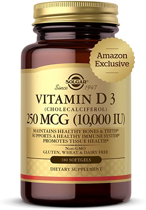 Solgar Vitamin D3 Cholecalciferol 250 MCG 10000 IU Softgels Helps Maintain Healthy Bones Teeth Immune System Support Non GMO Gluten Free Dairy Free Servings, 180 Count