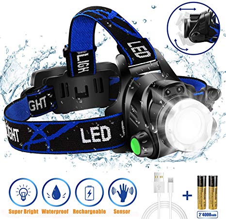Super Bright Headlamp, USB Rechargeable Led Head Lamp, IPX4 Zoomable Waterproof Headlight with 4 Modes and Adjustable Headband, Hard Hat Light Perfect for Camping, Hiking, Outdoors, Hunting, Running