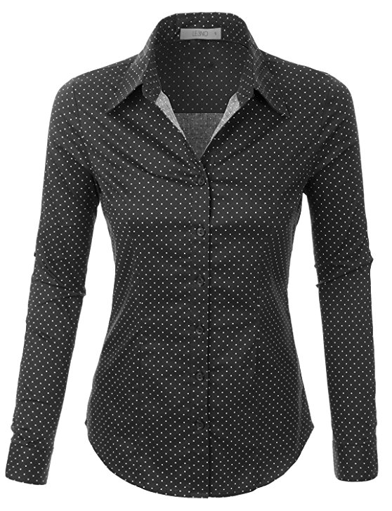 LE3NO Womens Tailored Long Sleeve Button Down Shirt with Stretch