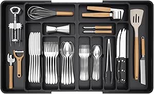 Lifewit Grand Range Couverts, Rangement Couvert Tiroir Cuisine, Extensible de 54.1 jusqu'à 91,4 cm de Large, Organisateur en Plastique pour Couverts, Cuillères, Fourchettes, Couteaux, Noir