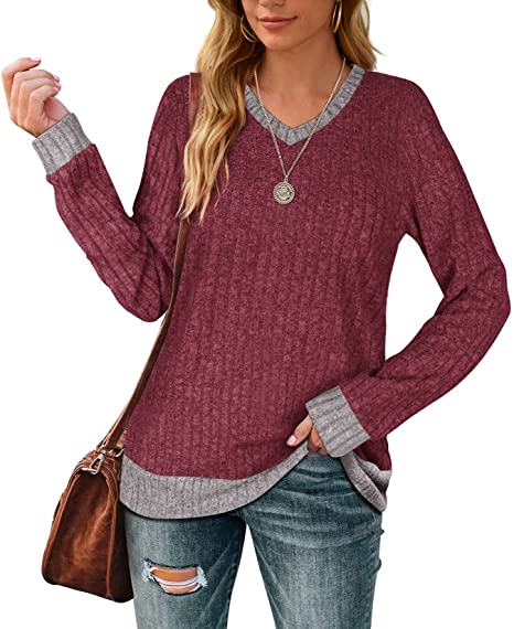 Aokosor Sweaters for Women Lightweight V Neck Long Sleeve Tunics for Leggings Soft Color Block