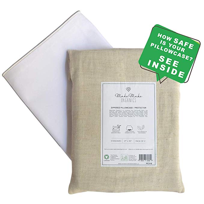 Organic Cotton Pillow Protectors Zippered | GOTS Certified Natural Pillow Protector | Protects from Dirt, Dust Mites, Allergens, Spills | White with Pearl Piping | Standard 21x26 | Set of 2 | PC018