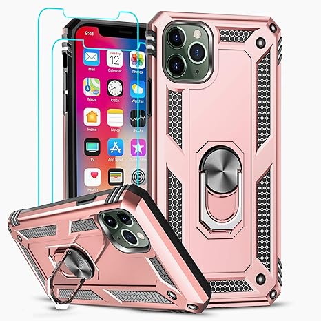 LeYi Compatible with iPhone 11 Pro Case with [2Pack] Tempered Glass Screen Protector, [Military-Grade] Protective Phone Cover Case with Magnetic Ring Kickstand for iPhone 11 Pro 5.8 inch, Rose Gold