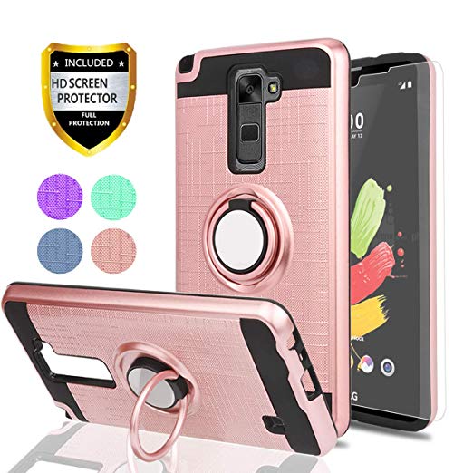 Ymhxcy For LG Stylo 2/Stylus 2/Stylo 2V/Stylo 2 Plus/Stylus 2 Plus case with HD Phone Screen Protector,360 Degree Rotating Ring & Bracket Dual Layer Resistant Back Cover For LG LS775-ZH Rose Gold