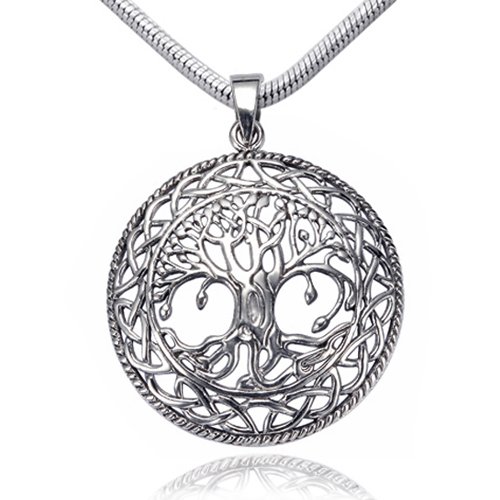 925 Sterling Silver Tree of Life Celtic Knot Pendant on Alloy Necklace Chain, 18 inches