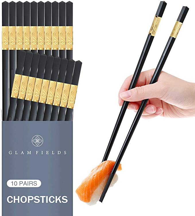 10 Pairs Fiberglass Chopsticks, GLAMFIELDS Reusable Japanese Chinese Korea Chop Sticks Dishwasher Safe, Non-slip, 9 1/2 inches Gold