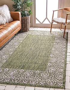 Unique Loom Outdoor Border Collection Area Rug - Floral Border (10' x 14' 1" Rectangle, Green/ Ivory)