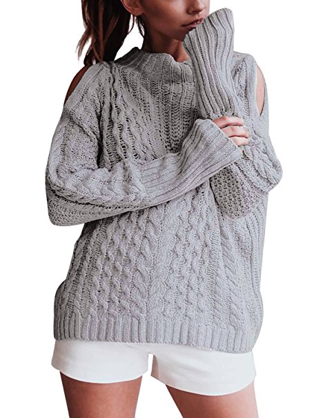 Simplee Women's Casual Cold Shoulder High Neck Ribbed Pullover Sweater Knit Jumper