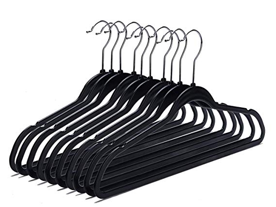 10 Quality Plastic Non Velvet Non-Flocked Thin Compact Hangers Black Swivel Hook (10)