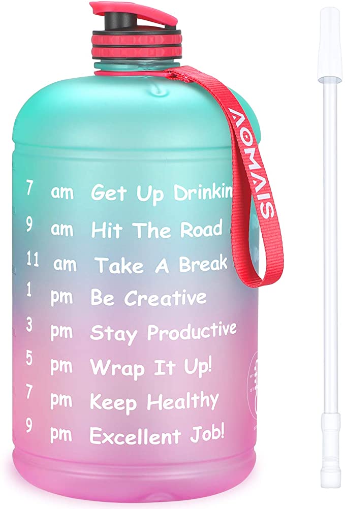AOMAIS Gallon Water Bottle with Motivational Time Marker, Large 128 oz, Leak-Proof, Wide Mouth, BPA Free Water Bottles for Sports Gym Fitness Work