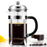 French Press X-Chef 1000ml Heat Resistant Glass Coffee Press Tea Maker Pot with Stainless Steel Holder Cozy and Funny for Coffee Lovers - 8 Cup4 Mug 1 Liter 34 oz Chrome