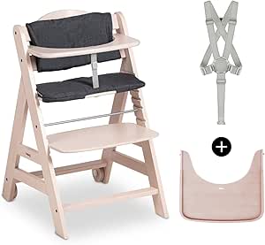 hauck Beta Plus Trona Evolutiva Madera con Certificado FSC® Cojín y Bandeja, Trona Bebe Evolutiva a partir de 6 Meses con Arnés de Seguridad y Ruedas, Sistema Antivuelco, Whitewashed