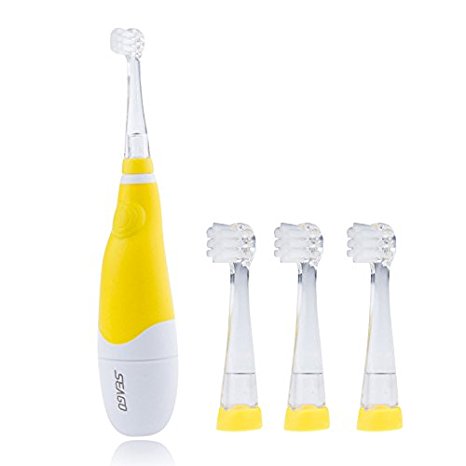 Kids Baby Toothbrush, ALLOMN Oral Care Baby Sonic Electric Toothbrush with 3 brush heads Soft Bristle LED Lights (Yellow Color)
