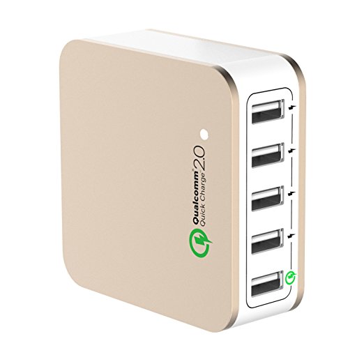 5-port 40W Multiport USB Charger Quick Charge 2.0 Charger Station For Multiple Devices - Smartphones, Tablets, Cameras, Cell Phones, Premium Design by Tapiona Smart Gadgets (Gold & White)