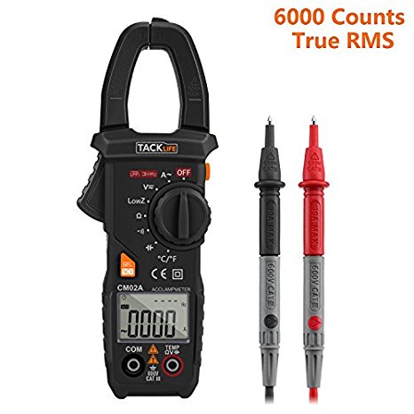 Tacklife CM02A Advanced 600 Amp Digital Clamp Meter TRMS 6000 Counts NCV with AC/DC Voltage Test Temperature Measure Auto-Ranging Multimeter