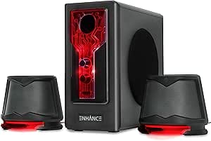 ENHANCE SB 2.1 Computer Speakers with Subwoofer - Red LED Gaming Speakers, Computer Speaker System, AC Powered & 3.5mm, Volume and Bass Control, Compatible with Gaming PC, Desktop, Laptop