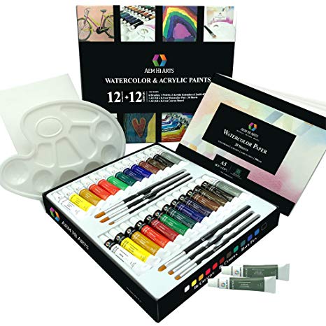 Art Kit with Watercolor and Acrylic Paint Set by AEM Hi Arts - 12 Professional Quality Liquid Watercolor Paints, 12 Premium Quality Acrylic Paint Tubes - Perfect for Artists, Students & Beginners