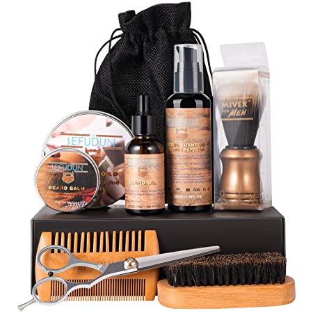 Beard Grooming Kit for Men, OriHea Beard & Mustache Care Kit W/Beard Shampoo, 100% Organic Beard Oil and Balm, Washing Brush, Beard Dual-sided Comb, Scissors & Travel Bag, Best Beard Care Kit - Brown