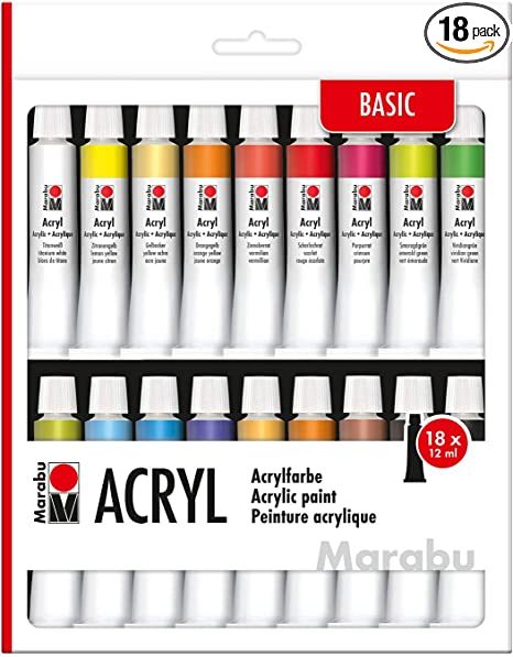 Marabu Set, Opaque Acrylic Water-Based, Dry Quickly and Matte Gloss, Suitable for Many Surfaces, Waterproof and Fade-Resistant, 18 x 12 ml Paint, One Size, Colourful