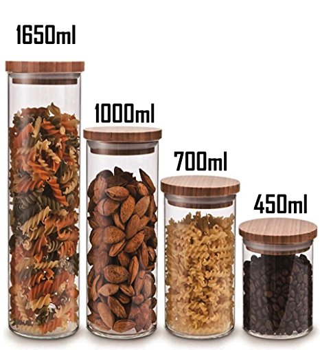 4Pcs Round Shape Glass Food Storage Jar Set with Airtight Bamboo Lid Seal