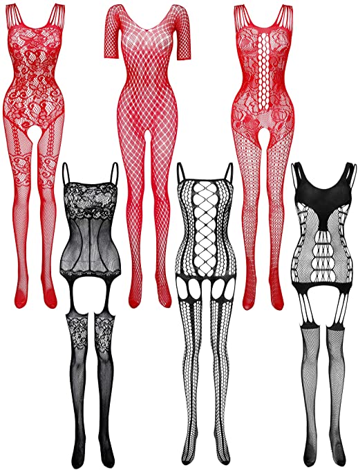 6 Pieces Valentine's Day Women Fishnet Bodystocking Bodysuit Mesh Lingerie Stockings Hollow Fishnet Sleepwear