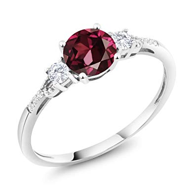 Gem Stone King 10K White Gold Diamond Accent 3-stone Engagement Ring set with Red Rhodolite Garnet White Created Sapphire 1.15 cttw (Available 5,6,7,8,9)