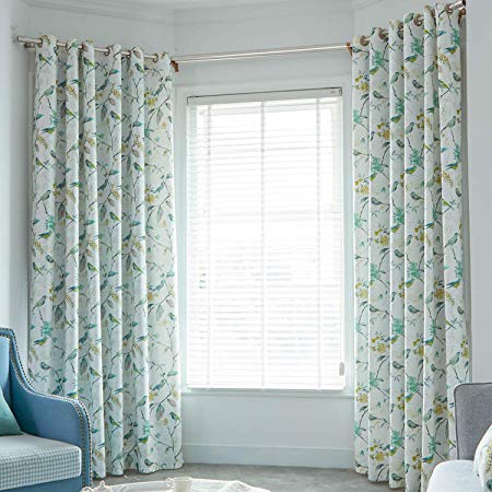 VOGOL Birds and Floral Printed Grommet Curtains Retro Style Room Darkening Window Drapes for Living Room Bedroom, 52x84, Green