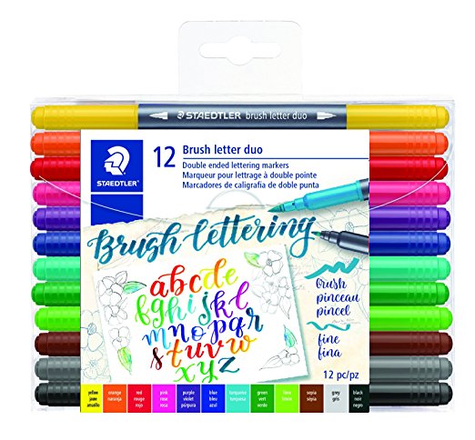 Staedtler Double-ended Brush Marker Brush Letter Duo, Creative Lettering, Flexible and Fine Tip, Blendable Ink, Set of 12 Assorted Colors, 3004TB12A6