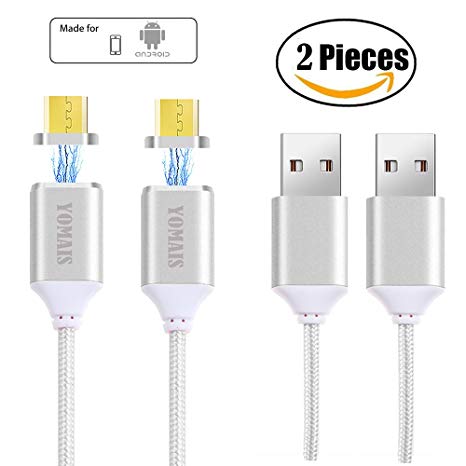 Micro USB Magnetic Cable, YOMAIS Magnetic USB Braided Data Sync Charger Cable Charging Cord for Samsung Galaxy S2 S3 S4 S6, Note 2/3/4/5, Tab S2 S, LG G4 G3, Sony Xperia Z5 Premium (Silver)