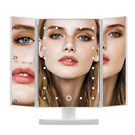 Makeup Mirror with Lights, DIOZO Makeup 21 LED Vanity Mirror, Lighted Up Mirror with Touch Screen Switch, 180 Degree Rotation, Dual Power Supply, Portable White Trifold Mirror